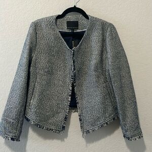 BANANA REPUBLIC (NWT) Navy & White Tweed Fringe Trim Jacket, New, Size 4